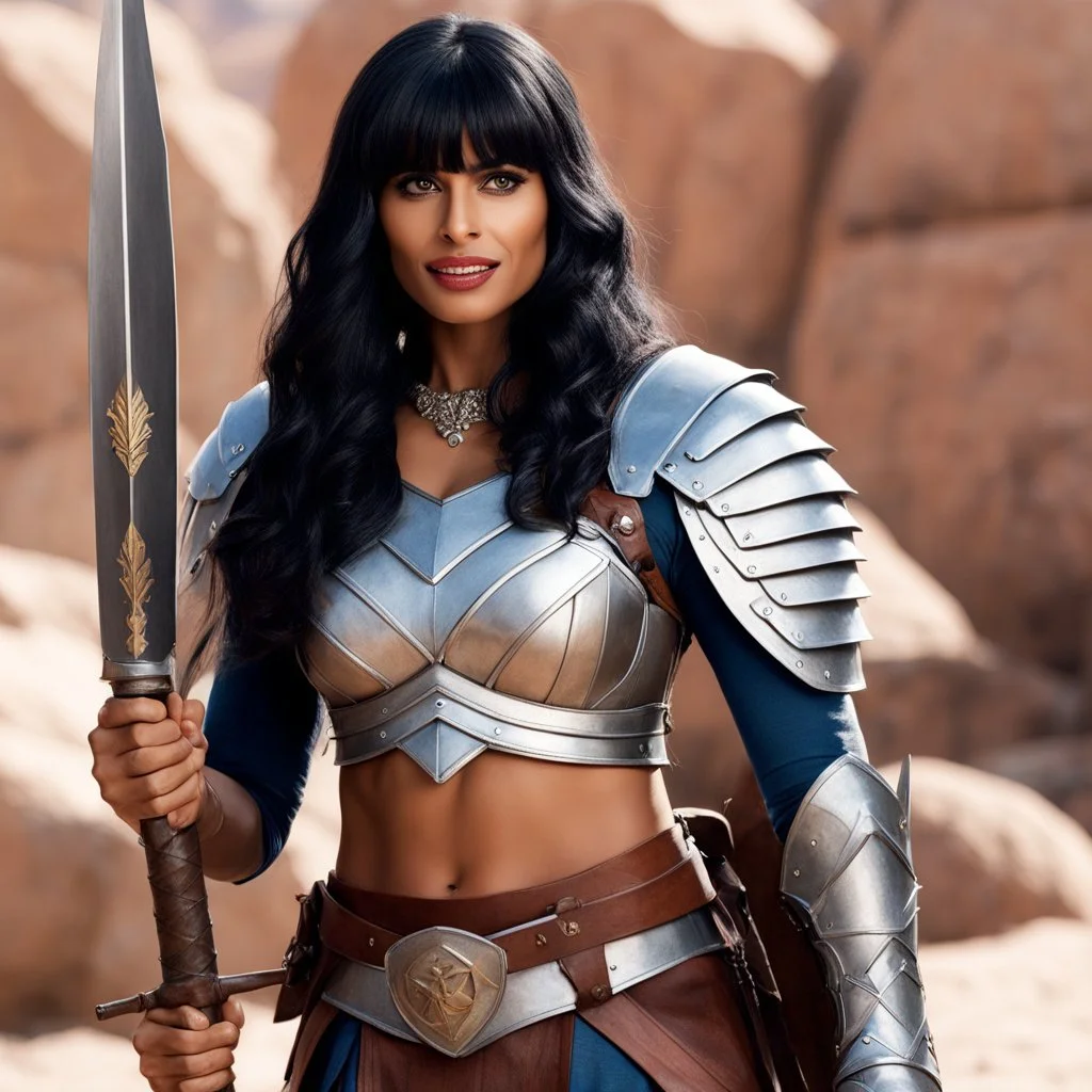 Jameela Jamil at the good place as a barbarian warrior with boots, her armour is made of linen and leather with pikes, she holds a menacing weapon