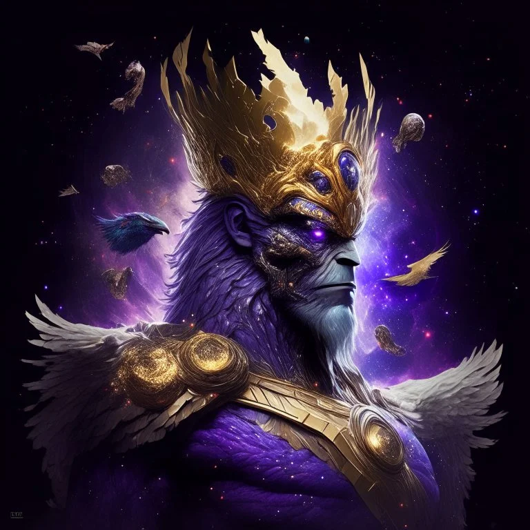 A creature with a combination of eagle and human head God-like man with infinite power who owns the galaxies and wears a beautiful crown with thanos Infinity Gauntlet