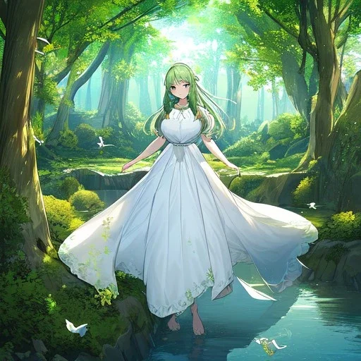 very gorgeous anime girl dressed in white dress, very detailed, trees, birds flying, green trees, creek meditating on a rock