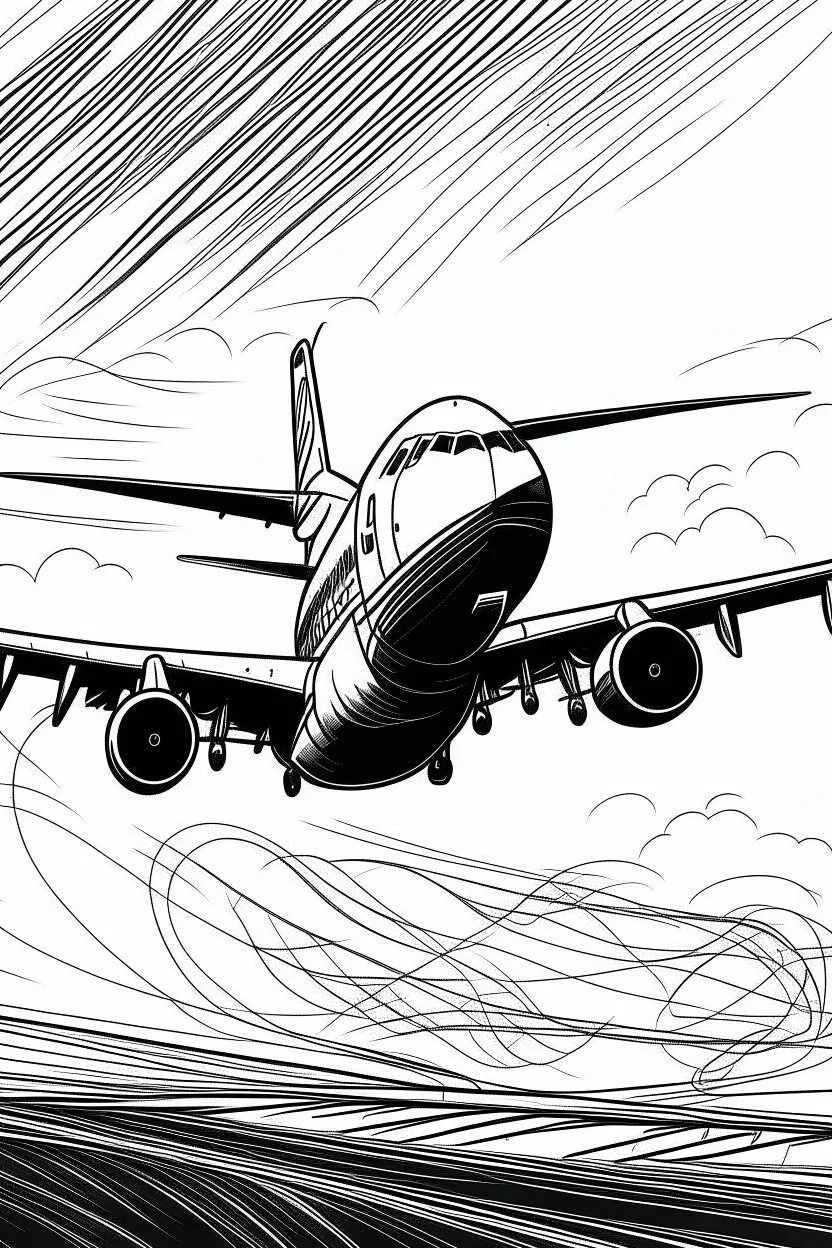 Outline art, no shading, plane flying, cartoon style, black and white, low detail, --ar 9:11