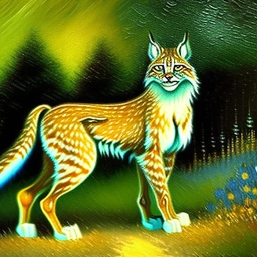 Dibujo al oleo de un Lince en el bosque con nubes estilo Vincent van Gogh