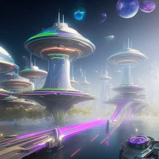 futuristic city with astroport and transparent bridges, galactic landsacape with multicolored crystals falling from the sky, full of details, smooth, bright sunshine，soft light atmosphere, light effect，vaporwave colorful, concept art, smooth, extremely sharp detail, finely tuned detail, ultra high definition, 8 k, unreal engine 5, ultra sharp focus