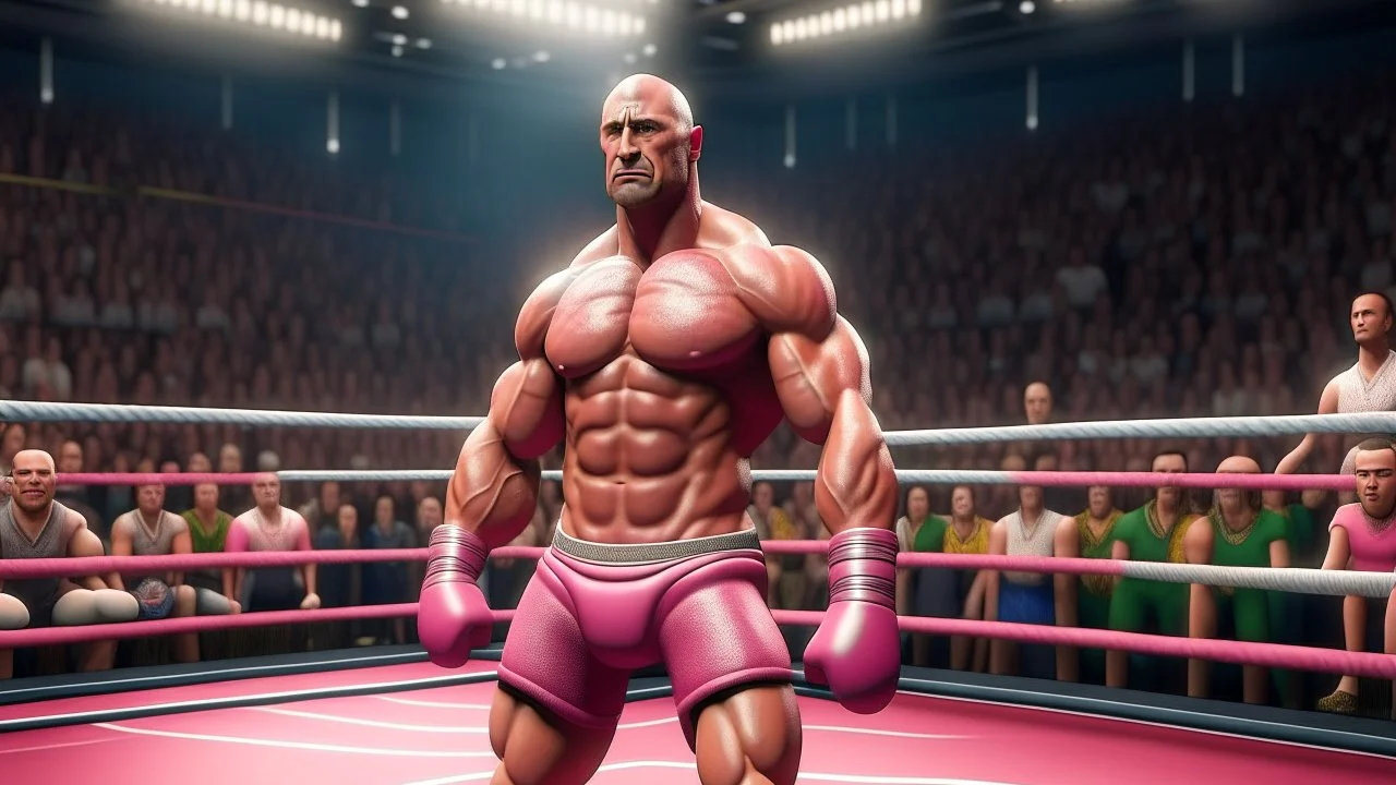 Highly detailed wide shot of Dwayne Johnson posing in a boxing ring, realistic, muscles, buff, flexing, pink skirt, eyebrows, large crowd