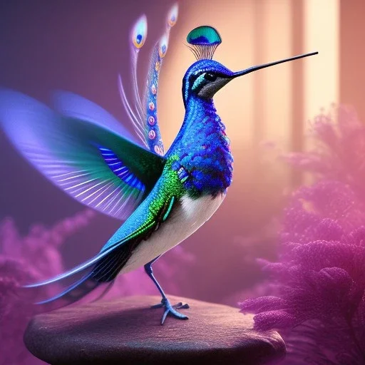 peacock, humming bird, fantasy art, Unreal Engine 5, lens macro,sharp focus, realistic, hyper detailed, studio lighting, neon light ambient, crystalized