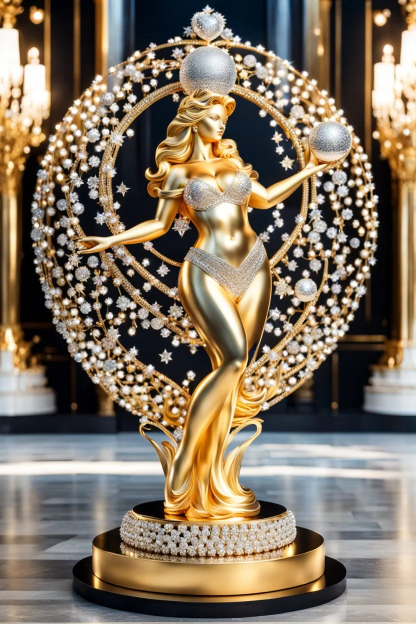 A magnificent golden and silver heart-shaped sign adorned with a stunning golden sphere encrusted with sparkling diamond clusters at its center, elegantly spinning in position,a golden statue of a girl in standing pose