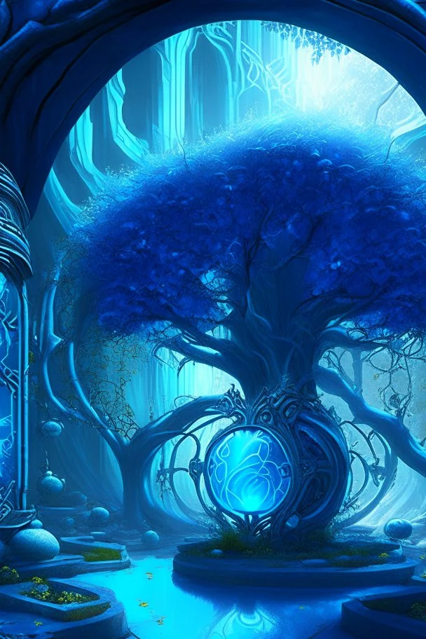 A bright blue Persian sci-fi garden dungeon with a silver apple tree at its center