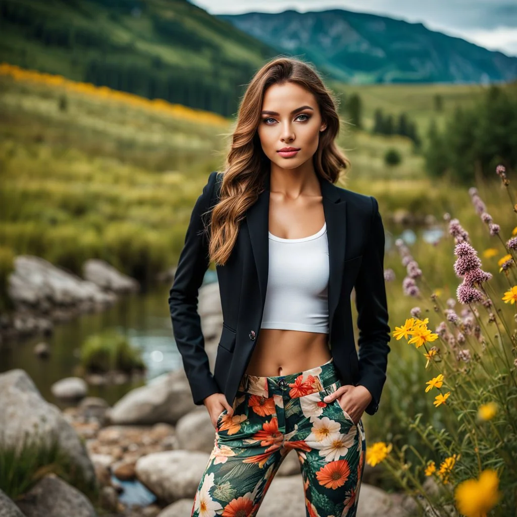 portrate shot of young-beautiful-girl-with-a-perfect-face-with-make-up-wearing- sport pants and jacket standing ,geen hills ,nice nature environment ,wild flowers,clean water river with colorfull rocks in floor