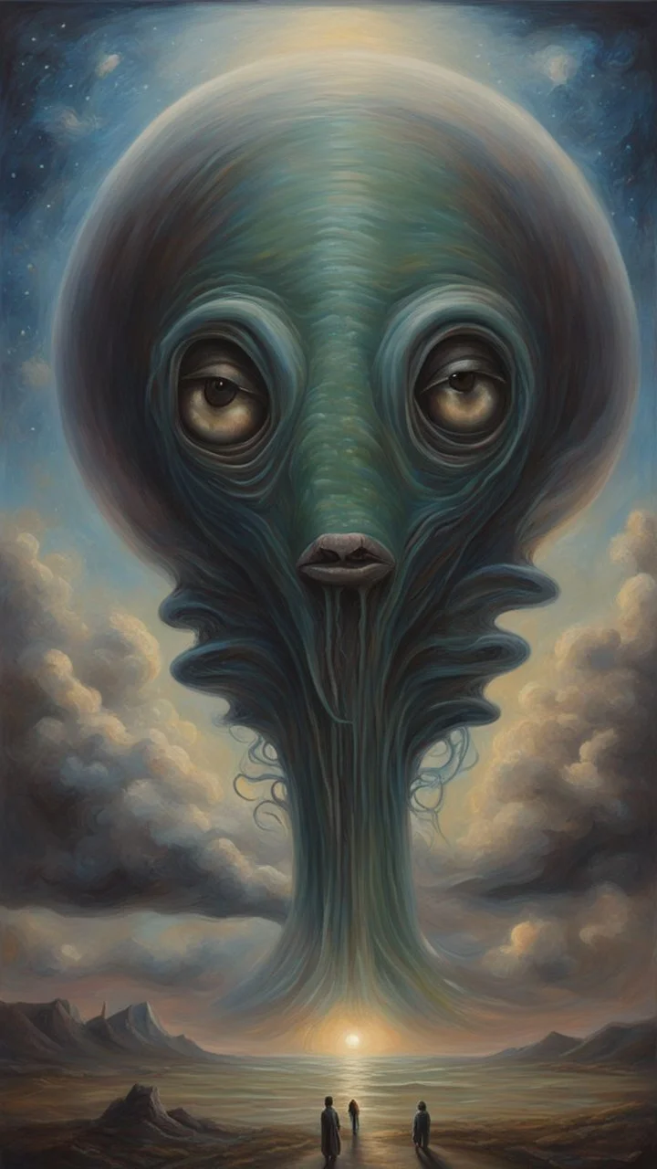 oil painting, Believing the strangest things, loving the alien And your prayers they break the sky in two