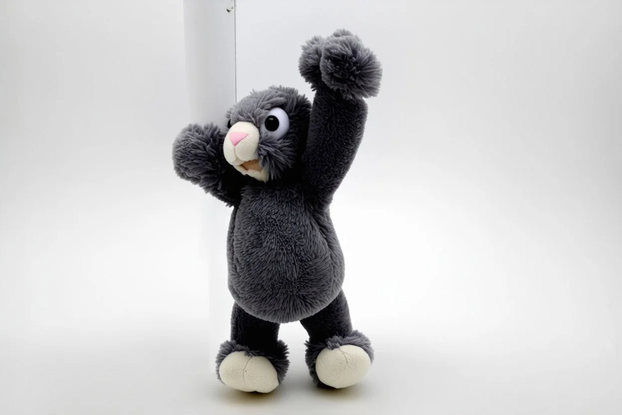 Scruffy fluffy grey puppet plush Bunny, holding with both hands onto a post while being blown by the wind, extending vertically, panicked. on white background