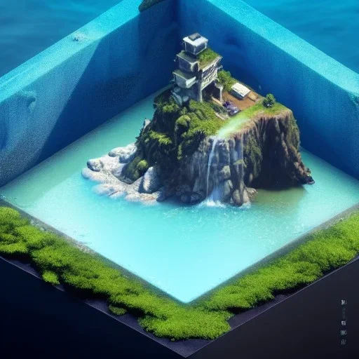 The Isometric Glass Tall Box Mini Model Little Real Island Mixed Water Fall Under Ocean Sunshine Summer Background Blue Sea, The Last Of Us / Avatar, Octane Render / ZBrush, Cinematic, IMAX Film, Nikon D750, 16K, Autostereoscopy, Anthropomorphic, Golden Ratio, Geometry, Symmetric, Depth Of Field, Highly Detailed, Ultra Realistic, Beautiful Lighting, Halfrear Lighting, Soft Light, Candoluminescence, Cast Shadow, Reflective, Glow, Translucent, Normal Map, Carbonated --testp