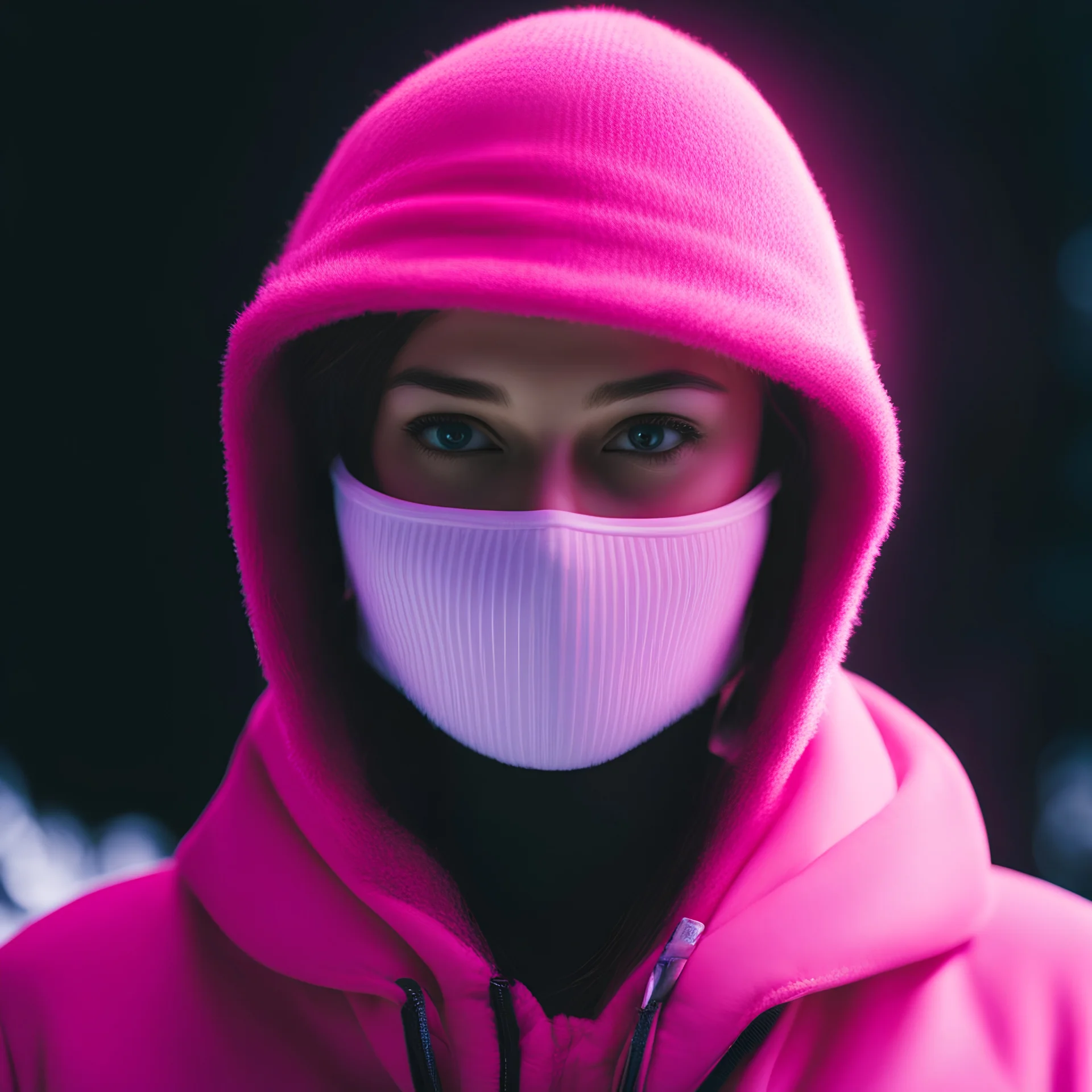 movie grainy still, 35mm, dynamic lens flare, ((( woman wearing a pink ski mask )), a single streak of light illuminating her face,