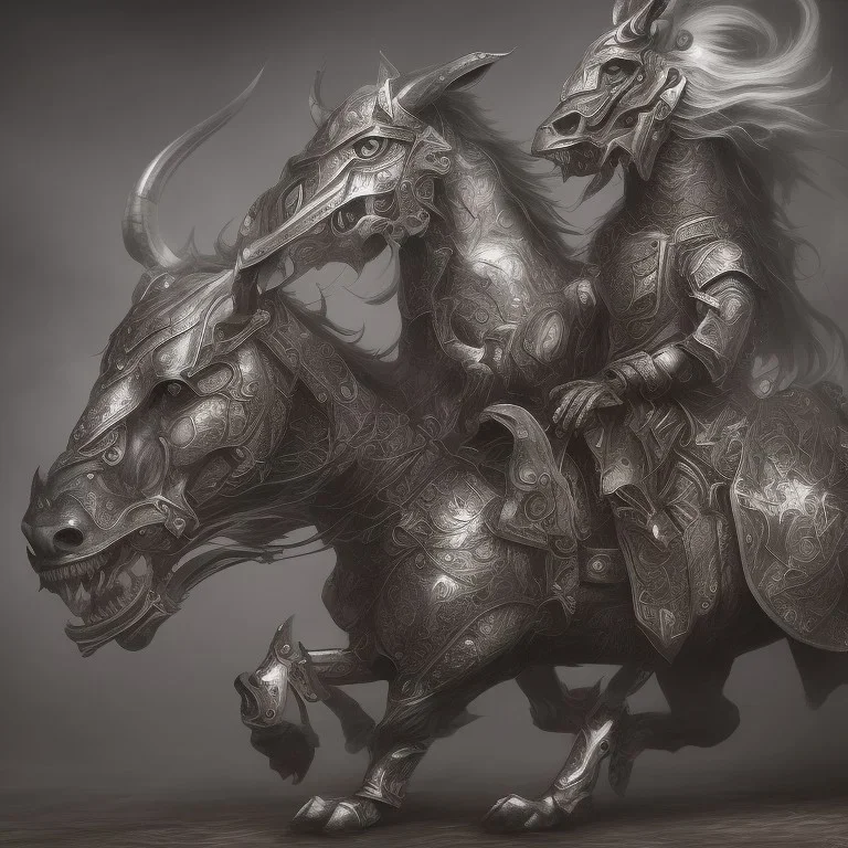 Nomad cavalry. Warriors. Damascus steel. Black. Sharp details. Roar. Fast galloping.