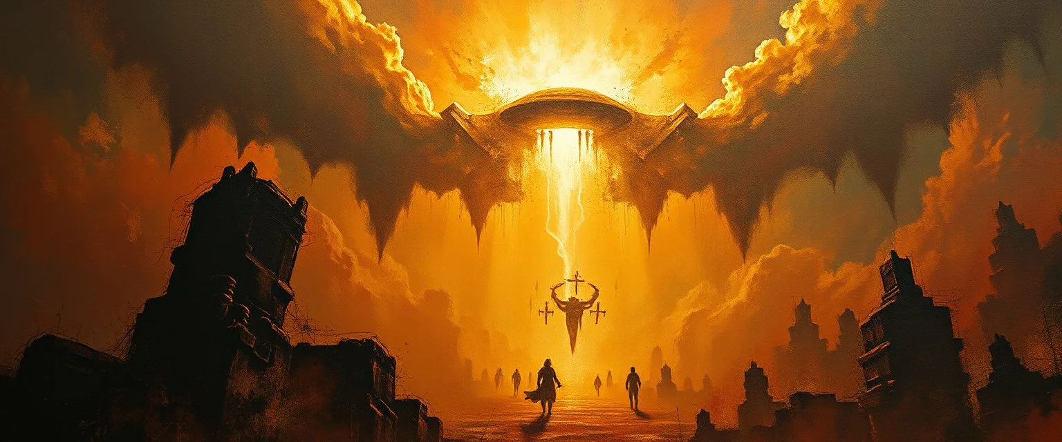 a high definition screen shot of a retrofuturistic, phototrealism, Macabre Rapture End of days Revelation scene, loose brush stroke matte oil painting, sinner apotheosis,diagonal composition, unbalanced, abstract surreal horror, eerie, scary warm colors, Eldritch, JonKnockTurnal 2999 ufo, bilaterally