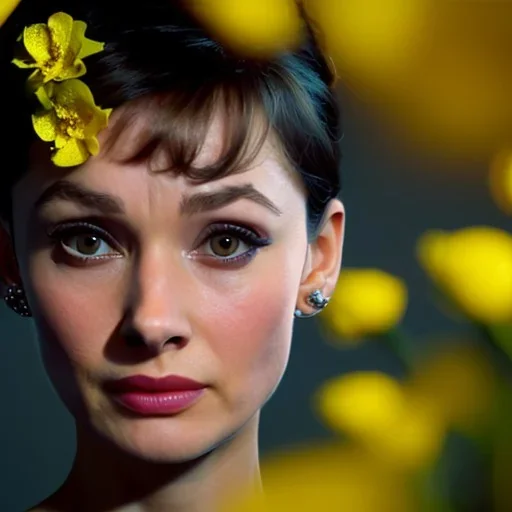 Audrey Hepburn with yellow flowers for hair, closed eyes, rtx, reflection, 8k, glow, winning photography, caustics