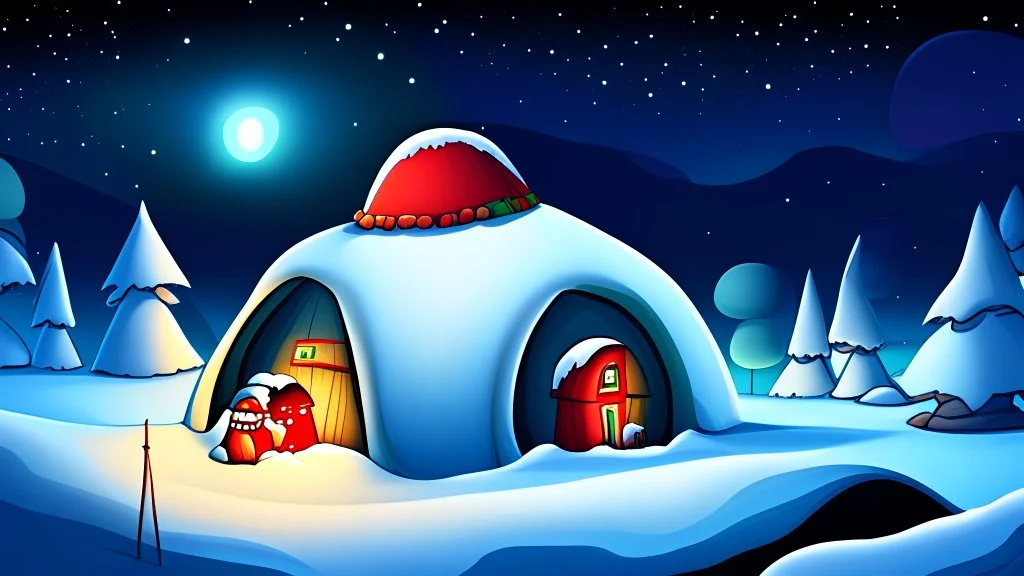 cartoon illustration: North Pole night, nature and igloos