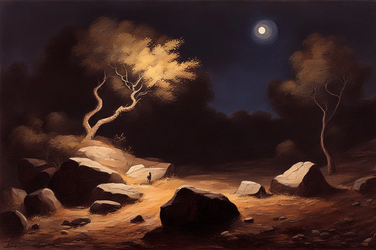 Night, rocks, trees, begginer's landscape, friedrich eckenfelder impressionism paintings