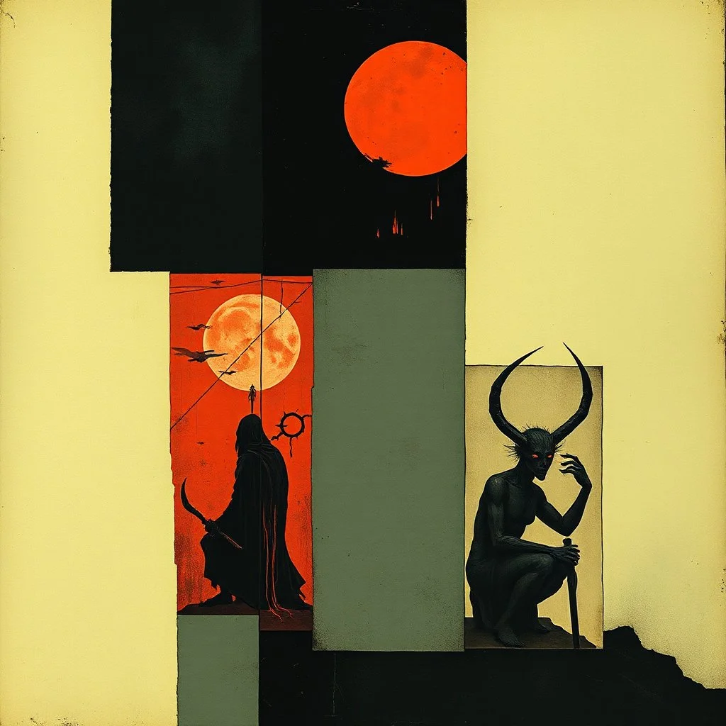 nihilism, mourning souls. gnostic damned, segmented color illustration, by Dave McKean and VS Gaitonde and H.R. Giger, surreal, horror, fragmented minimalist composition, overlapping cel boxes, moody, sinister