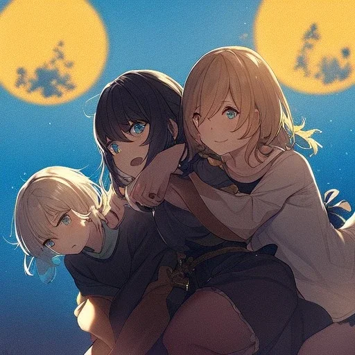 Clear Focus, High resolution, 2 girls hugging, the two girls is a human version of sun and moon, sun if happy and moon is sad, sun in the background, hugging, cute faces