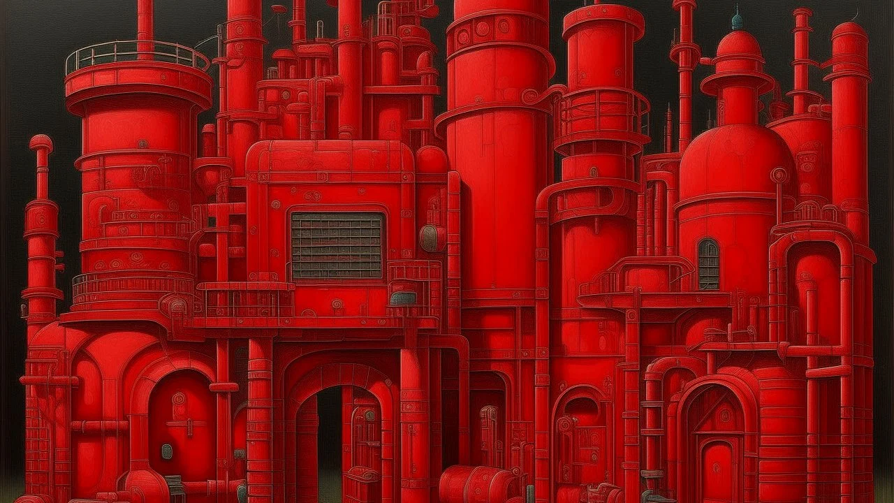 A dark scarlet red frantic factory with furnaces designed Kuna molas painted by Francis Danby