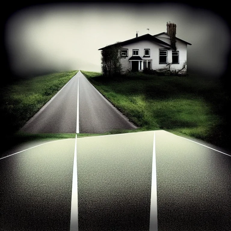 dark long road in the way there is a small house , album cover