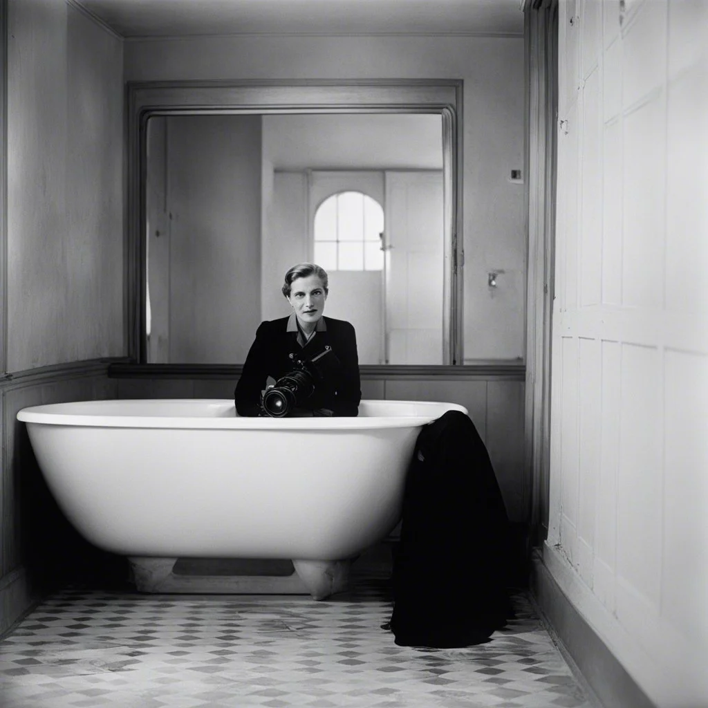 Lee Miller, the intrepid war photographer, finds herself standing in Hitler's bathroom. She lies in the bathtub camera hangs at her side, a silent witness to the solemn moment.