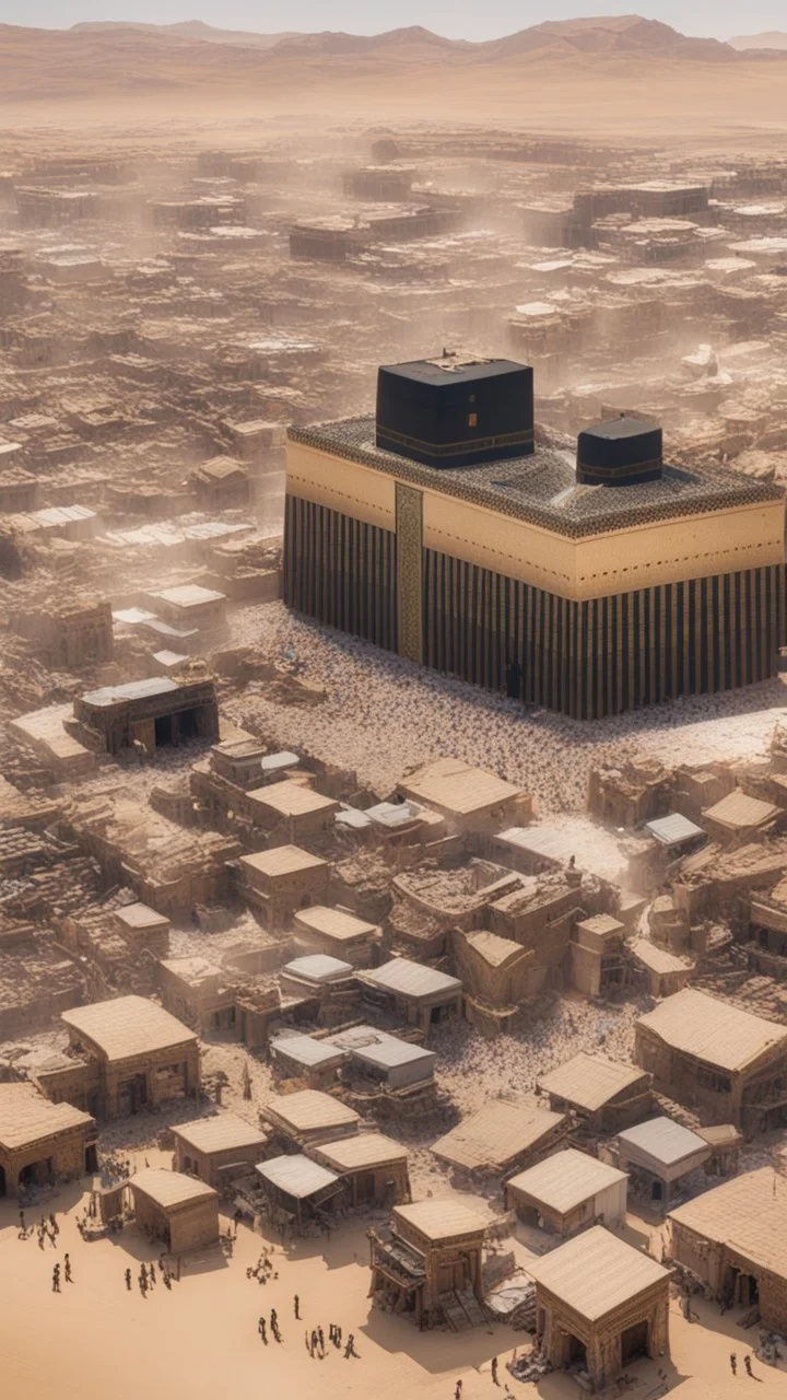 A picture of the Kaaba surrounded by small houses, desert, and people working in trade