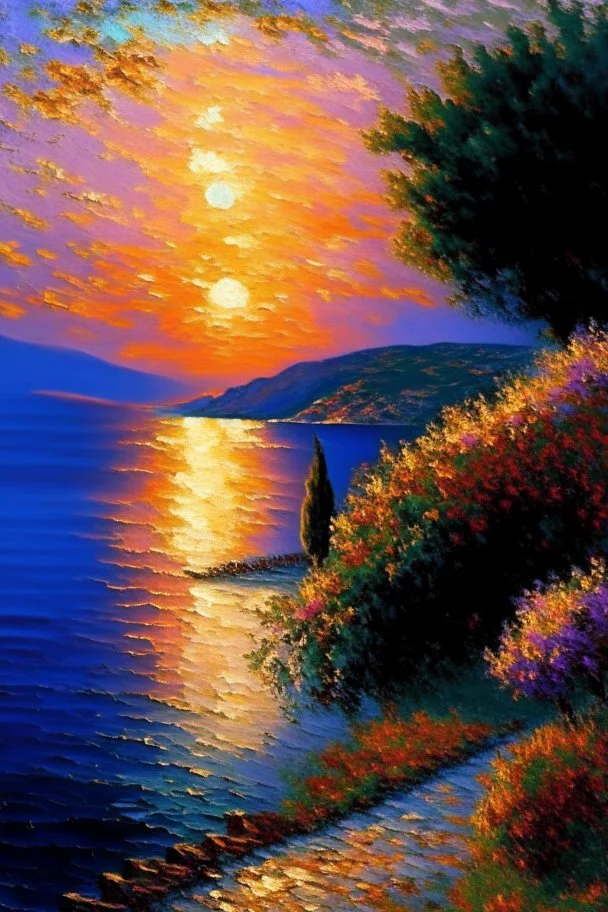 Greece landscape oil painting, detailed Claude Monet, detailed, sunset