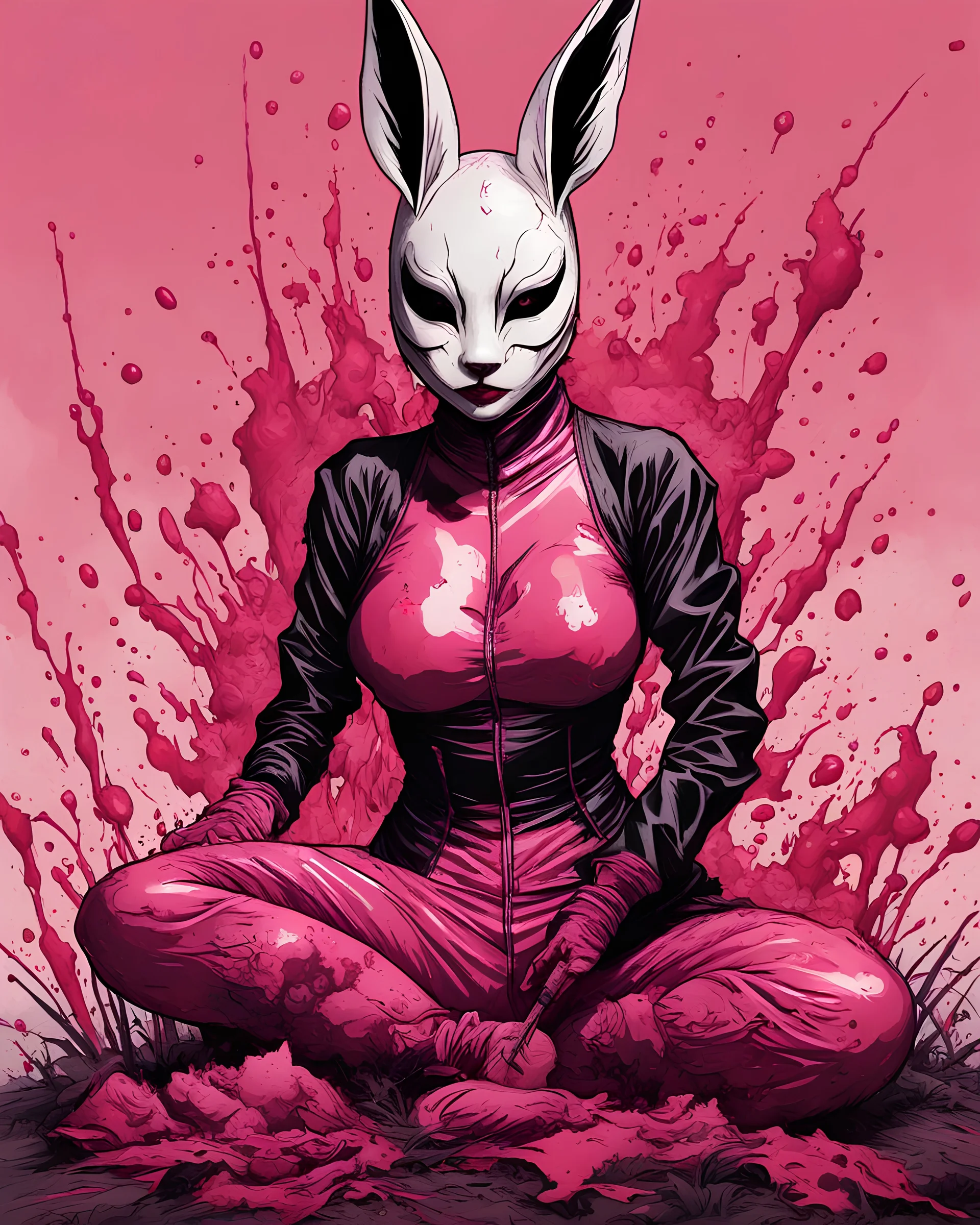 Asian woman, leaning pose, rabbit mask, pink short hair, latex suit, highly detailed, fullbody, splashes blood, behind guts rising from the ground, papercut illustration by <John Kenn Mortensen>, darkred tones,