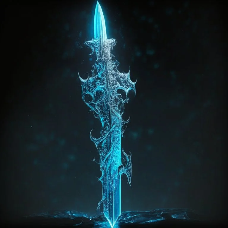 A fantasy sword that is a slender, translucent blade made of ice, shimmering with an ethereal blue glow. Its hilt is crafted from swirling vines, leading to a vibrant crystal at the pommel. With a black background behind it.