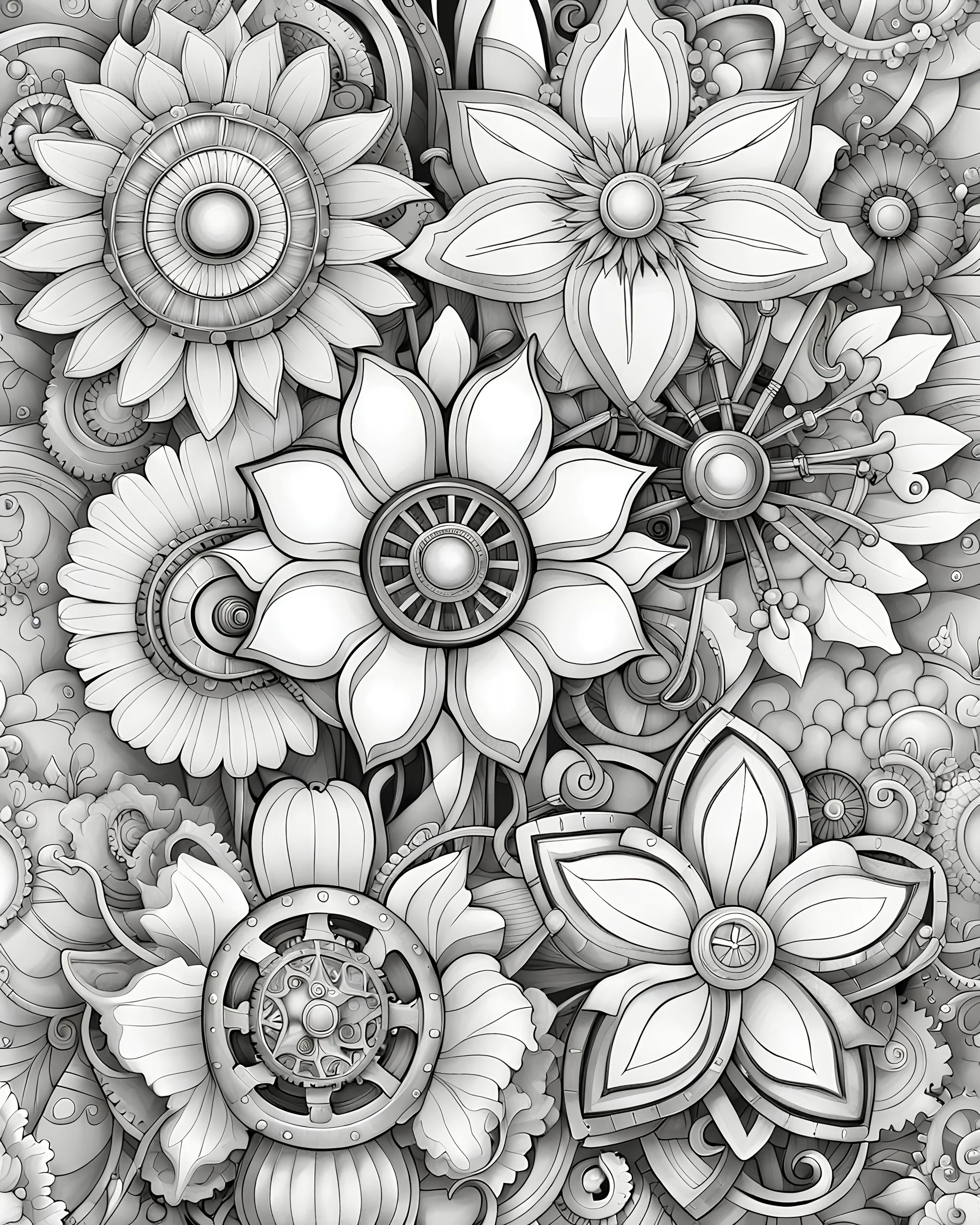 coloring book page of steampunk flowers, stylised steampunk , white and black, cute highly detailed.