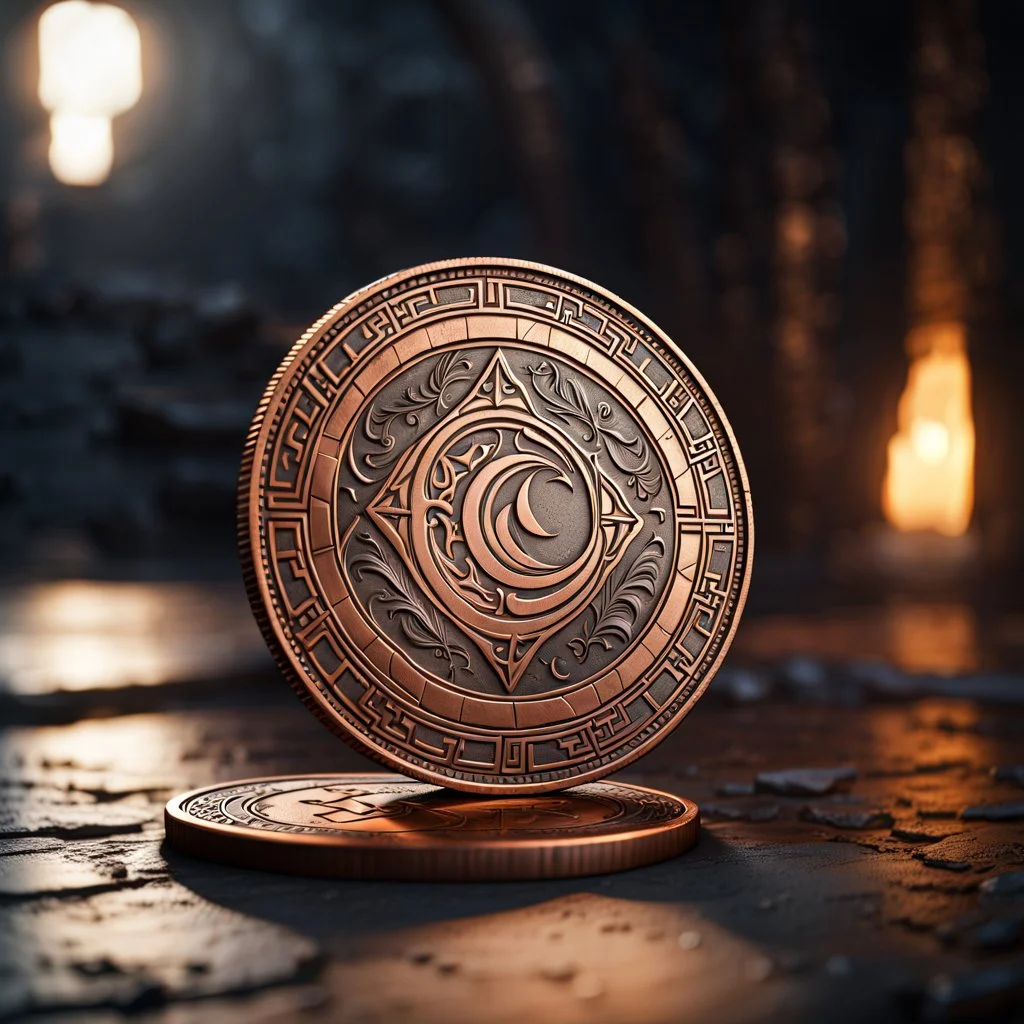 a small copper coin called a crescent standing on edge. ancient viking runes. flat coin. show one whole coin front on at a distance. fantasy concept art, exquisite realism, a masterpiece, dynamic lighting, hyper detailed, intricately detailed, deep color, Unreal Engine, volumetric lighting , Epic cinematic brilliant stunning intricate meticulously detailed dramatic atmospheric maximal,