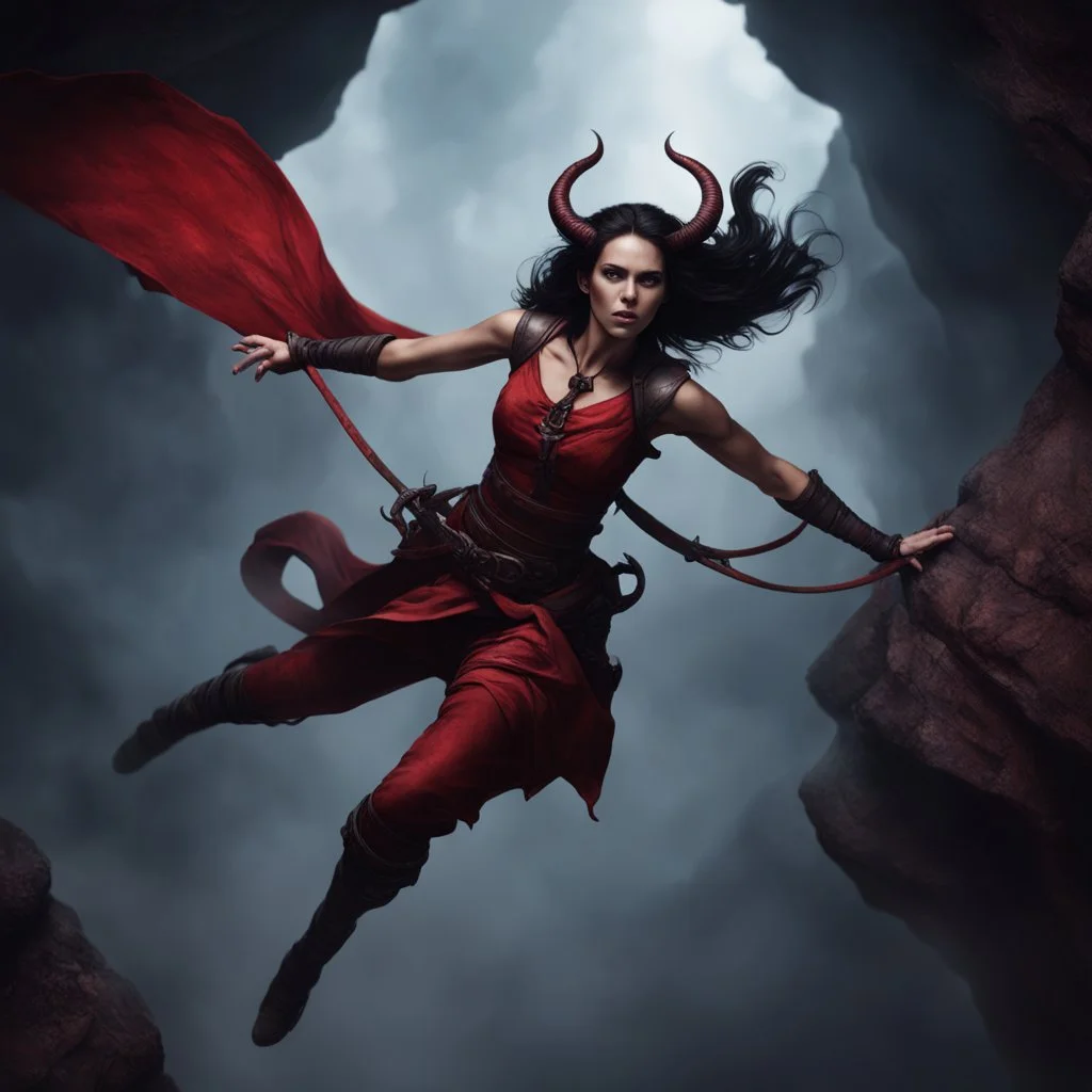 a beautiful tiefling woman with dark hair in a sleeveless battle outfit, floating in the air over a dark chasm, photo quality, dark red colors