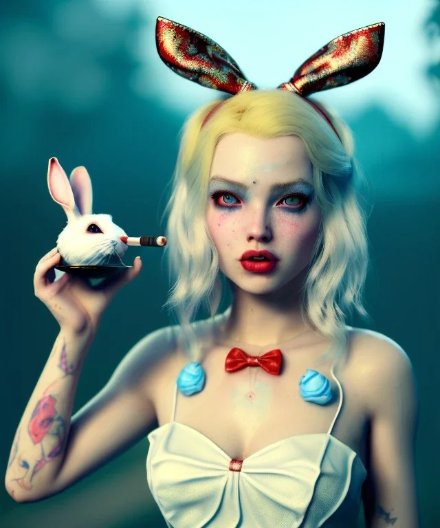 Ultra realistic wonderland photo, hot, happy blonde Alice woman and white rabbit smoking a pipe, blue dress, circus dress style, black headband with bow, old school tattoo, smoke, marijuana garden, glow eyes, perfect iris, soft color, highly detailed, unreal engine 5, ray tracing, RTX, lumen lighting, ultra detail, volumetric lighting, high definition.