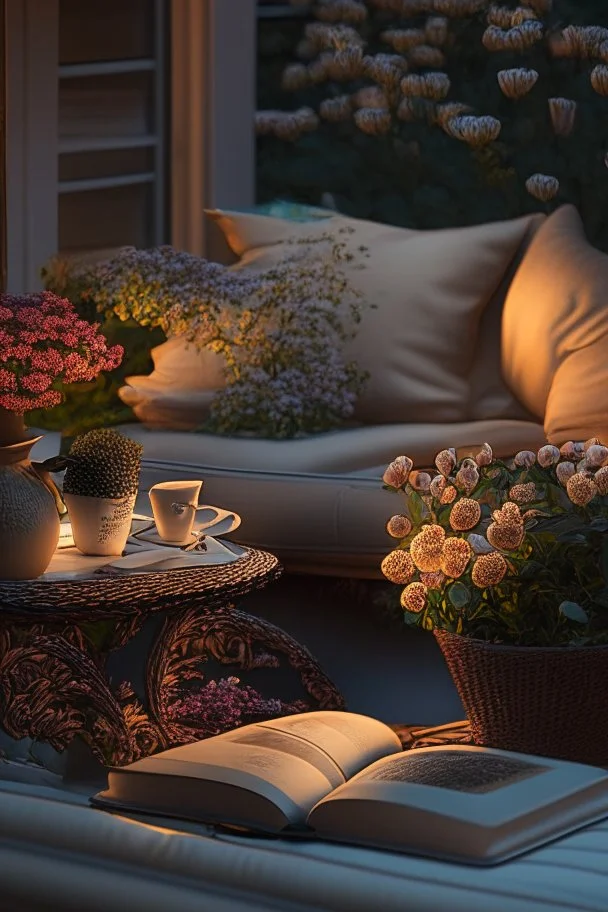 Night, twilight, a light brown wicker sofa with floral cushions, a glass-topped table in front of it, coffee steaming in a porcelain cup, and a down-turned open book next to it. Above the settee, flower bushes in planters, all on the terrace of a luxury house S<AI Nikon D850 highly detailed digital painting sharp focus elegant intricate photorealistic 4k very attractive beautiful dynamic lighting award winning fantastic view crisp quality Unreal Engine very cute cinematic postprocessing acrylic