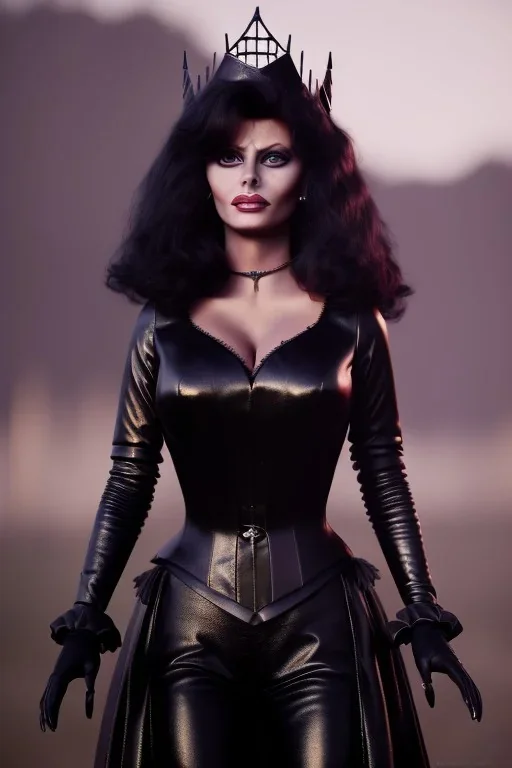 young sophia loren as evil queen in black leather, angry, stern look, volumetric lighting, particales,highly detailed,cinematic, deep colours,8