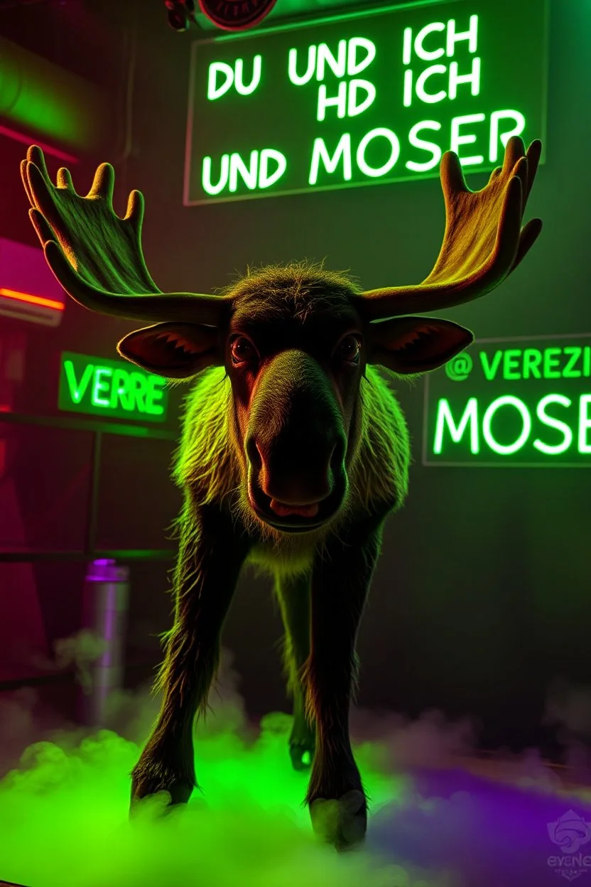 An big female moose with big eyes "Veronika Moser" performing at dance club, her name is "Moser" HAIRY FRUITS EVERYWERE On stage, Green Neon lights and smog, "DU UND ICH UND MOSER" @VERONIKA MOSER" big sign on the wall