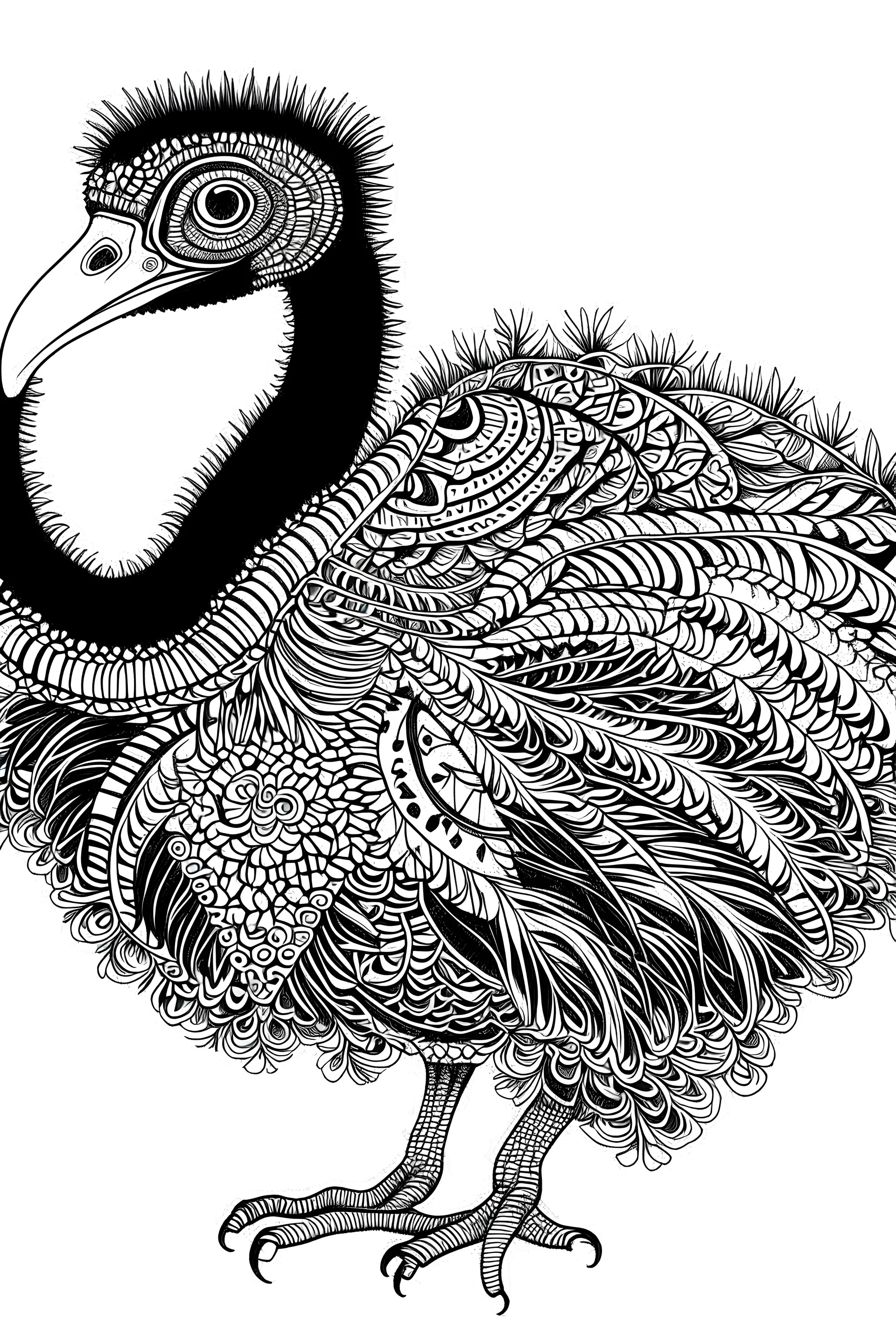 mandala large Ostrich: black and white with white background.