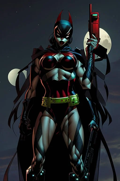 spawn woman over a high building with a big machinegun light by the moonlight jim lee style