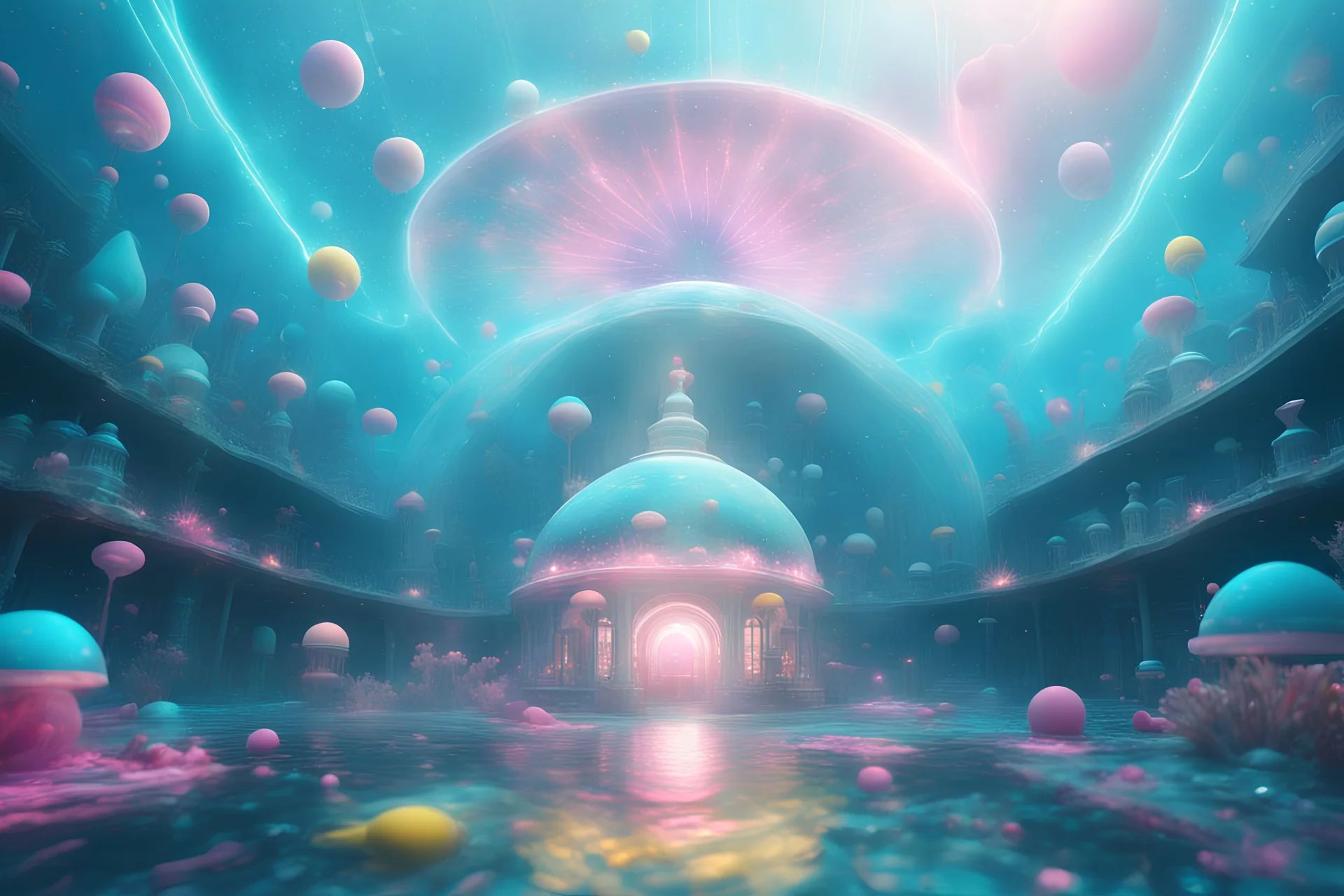 cosmic town underwater turquoise color, domes of bright pink and white and yellow colors, , rays of ligth and a lot sparks of light, good definition 8k