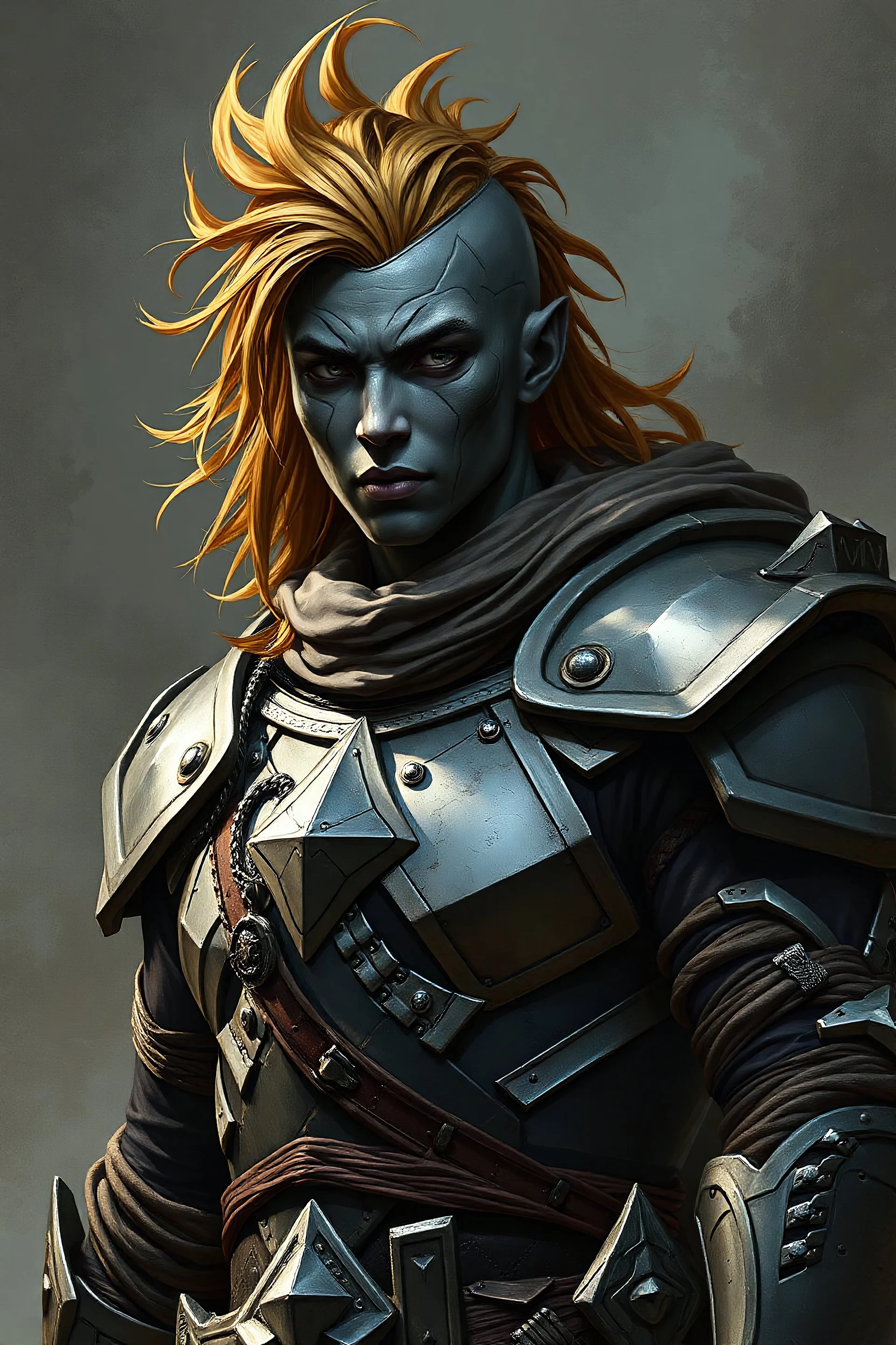 Male Earth Genasi Eldritch Knight with metallic bronze hair and dark grey stone skin