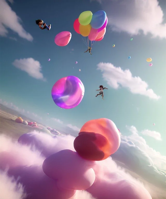 Ultra realistic speed clouds sky scene, wide angle view, sweet women falling down, inflatable color clothing, free jumping flying, many trinkets, hair monster, many jelly beans, balls, color smoke, smile, happy, circus style, extreme, wind, clouds sea, 20,000 feet altitude, stratosphere, soft color, highly detailed, unreal engine 5, ray tracing, RTX, lumen lighting, ultra detail, volumetric lighting, 3d, finely drawn, high definition, high resolution.