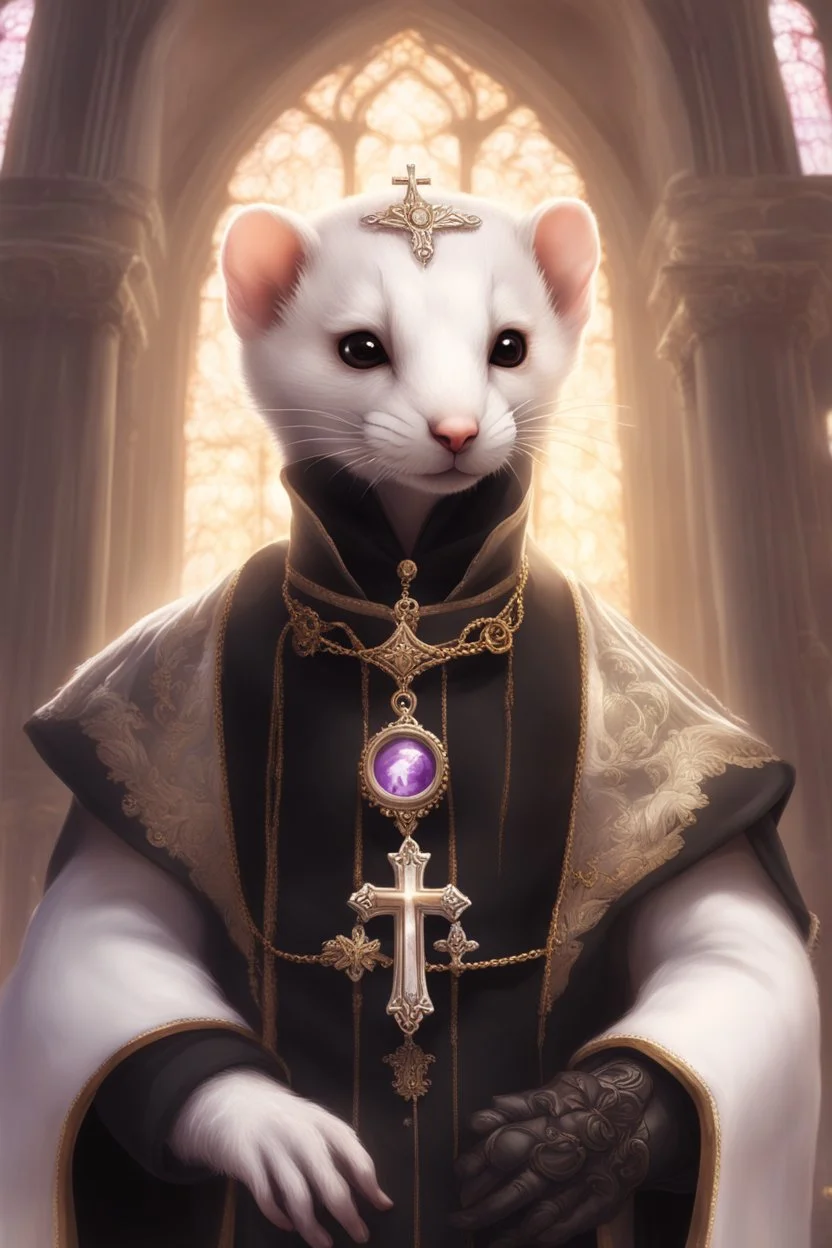 (anthropomorphic white ferret),dressed in ((cleric fantasy)) black clothes with silver holy ornaments, realistic anatomy, posing, cute face, fantasy inspire, fantasy church on background with warm sunshine lighty from behind, gloomy atmosphere, (((high angle shot))), purple armband, The holy icon style, RTX, praying, close eyes