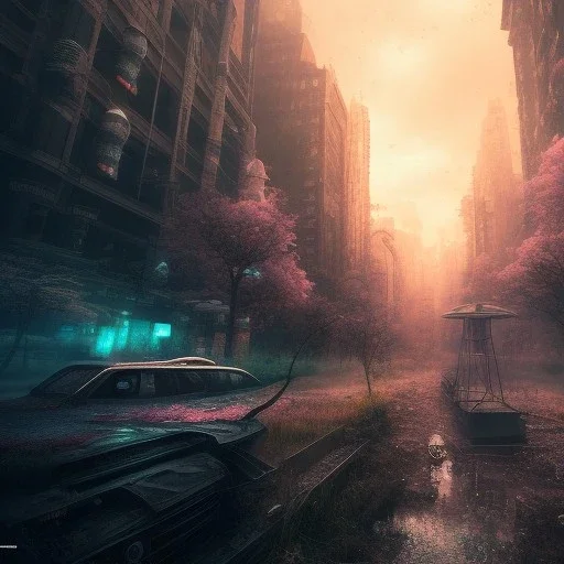 3d anime, Alien post apocalyptic night city, amazing detail, realistic, flowers, 8K, cinematic lighting, unreal engine