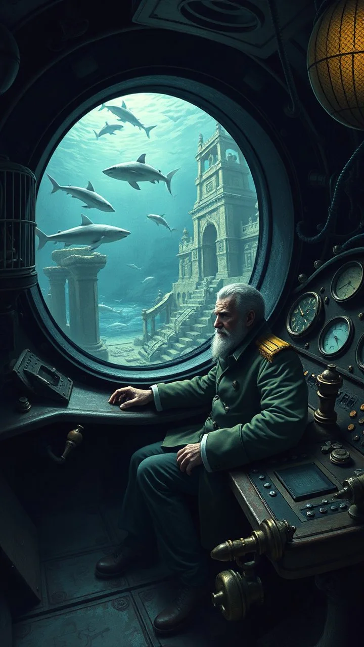 Captain Nemo sitting in a dark submarine control room , filled with cages and buttons and valve on the control dashboard, in a large window to the ocean with shark around ancient ruins , paint it in the baroque style,