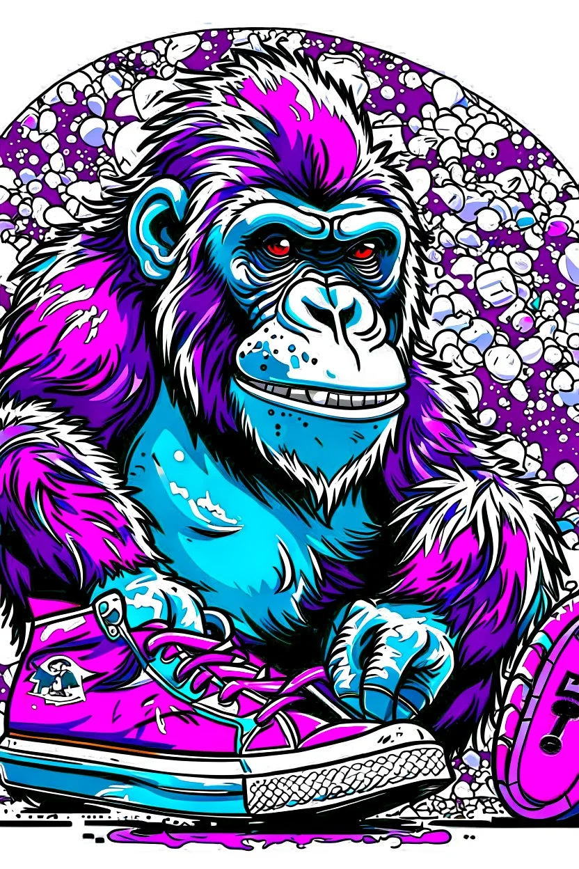 a profile picture of a small gorilla sitting in a purple Converse sneaker, like it's a car, comic style