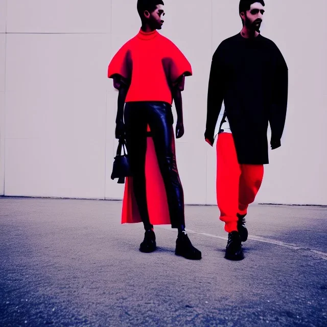 photo of a couple wearing high fashion clothes, balenciaga, Photorealistic photography, colorful, high contrast, future city, street, fashion photography, high resolution, 8k, moody, hard light, gen z, wide angle lens