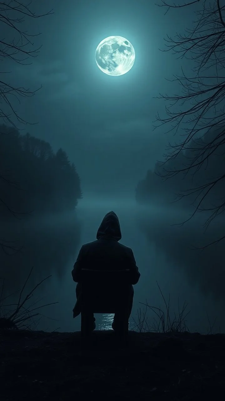 a hooded man sitting on an invisible chair by the river bank watching the moon on the sky at the other side of the river , surrounded with trees and gloomy , cinematic, 8k , high quality, great moon lighting, the whole picture is incredible .