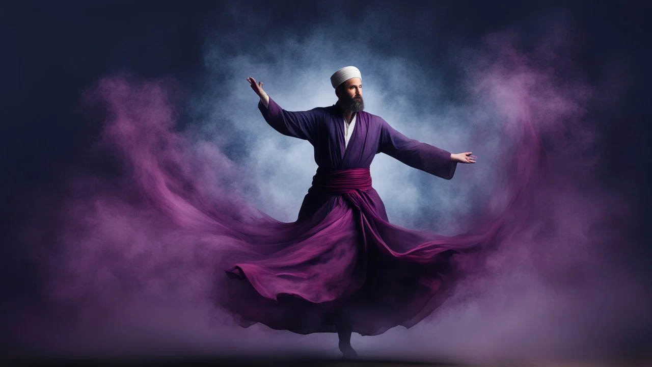 Hyper Realistic Sufi Whirling with Purple & Maroon, Islamic Sufi Rustic Grungy navy-blue Background with black fog around at night