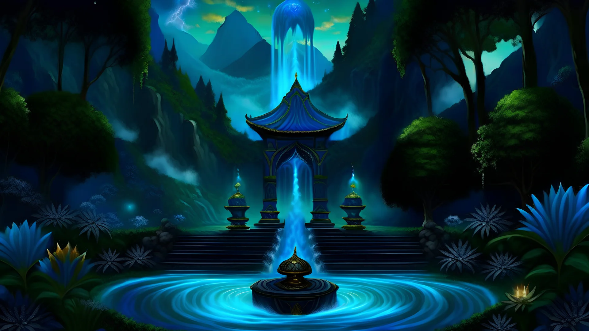 podium for meditation, my dreams dark blue waterfall, day landscape, In the garden my mind bows. meditation. The village is in the midst of the jungle, and mountains. space color is dark, where you can see the fire and smell the smoke, galaxy, space, ethereal space, cosmos, and panorama. Palace, Background: An otherworldly planet, bathed in the cold glow of distant stars. Northern Lights dancing above the clouds in Guinea.