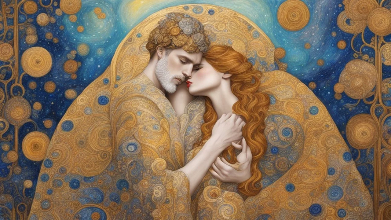 Style klimt, order, peace, lovers embracing, luxury, dream world, calm beauty, fantasy world, magic, beautiful composition, exquisite detail